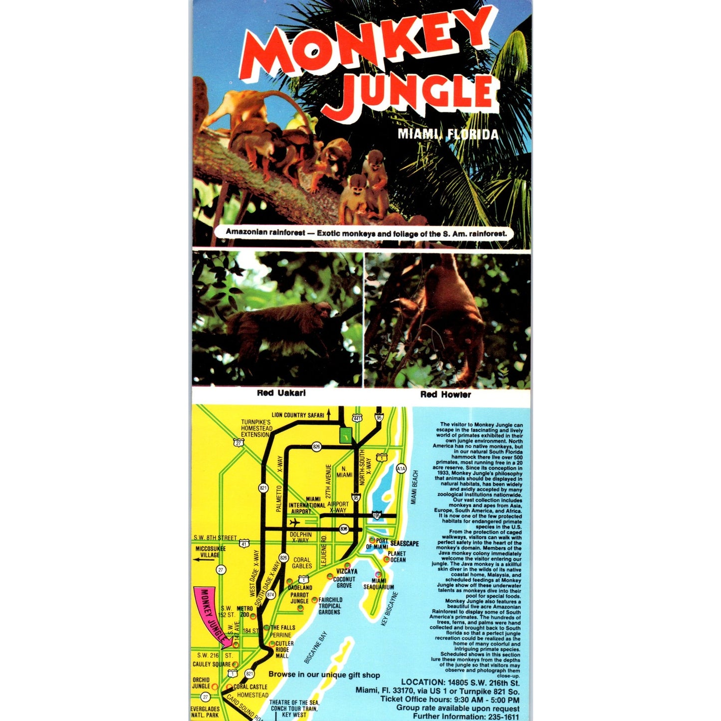 1980s Monkey Jungle Miami Florida Tourist Travel Leaflet TF4-BA
