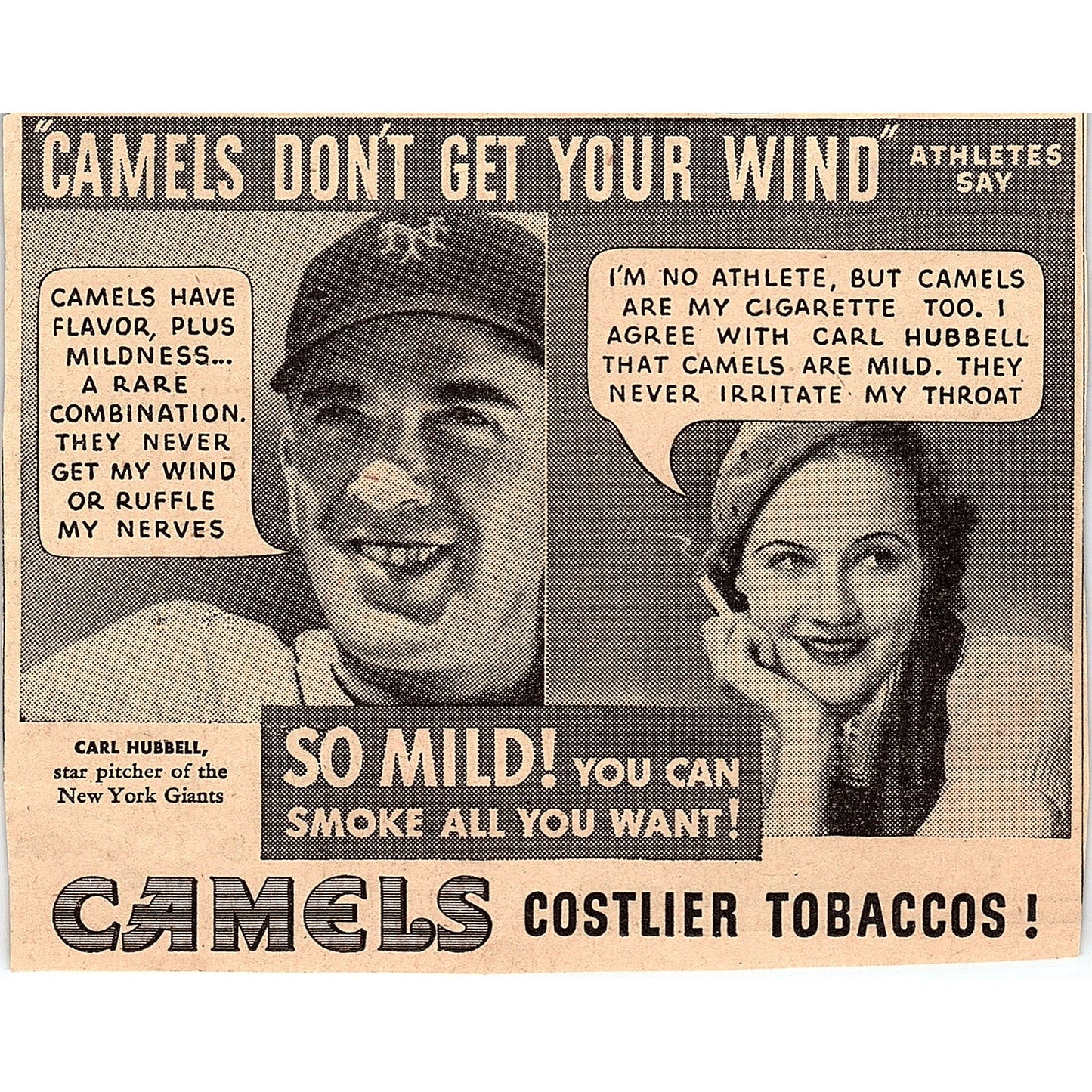Caels for Athletes Carl Hubbell New York Giants 1935 Newspaper Ad AG6-2