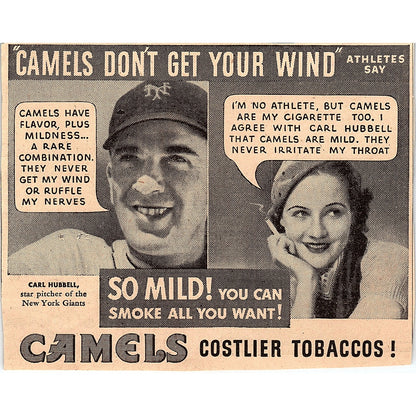 Caels for Athletes Carl Hubbell New York Giants 1935 Newspaper Ad AG6-2