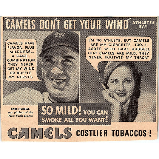 Caels for Athletes Carl Hubbell New York Giants 1935 Newspaper Ad AG6-2