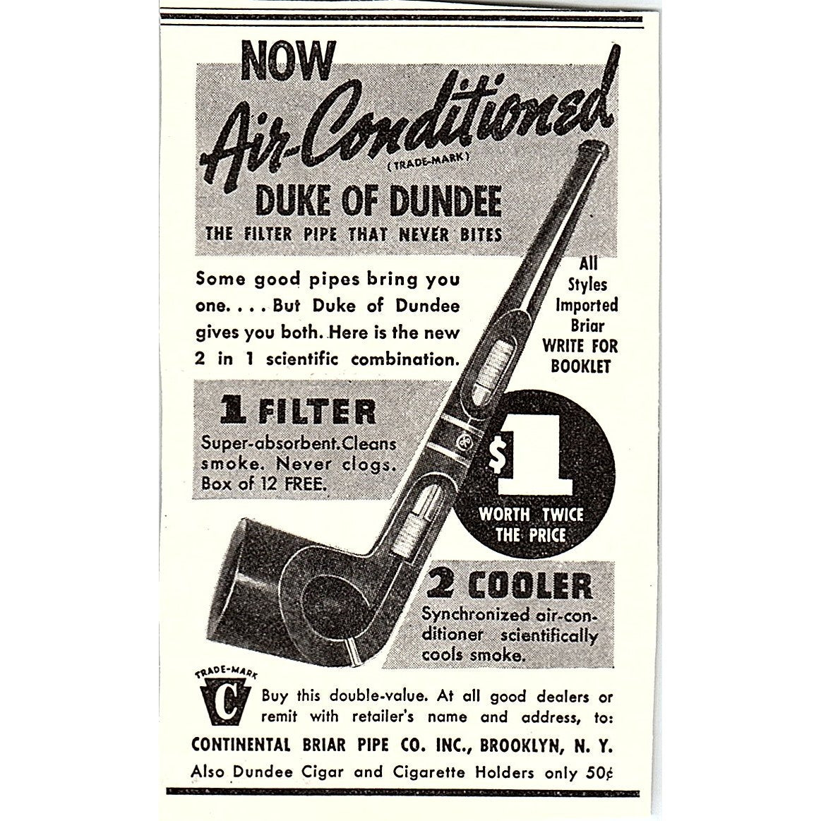Air Conditioned Duke of Dundee Continental Briar Pipe Co Brooklyn 1937 Ad AG4-M4