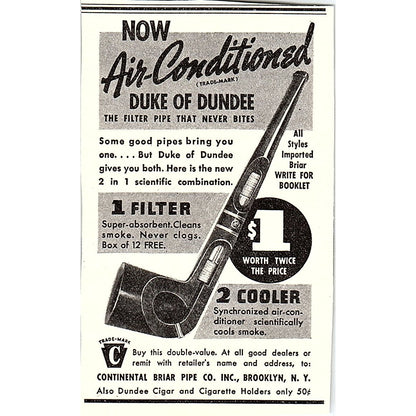 Air Conditioned Duke of Dundee Continental Briar Pipe Co Brooklyn 1937 Ad AG4-M4