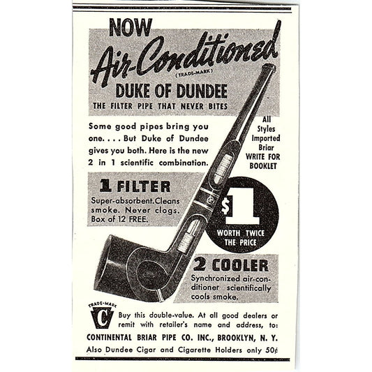 Air Conditioned Duke of Dundee Continental Briar Pipe Co Brooklyn 1937 Ad AG4-M4