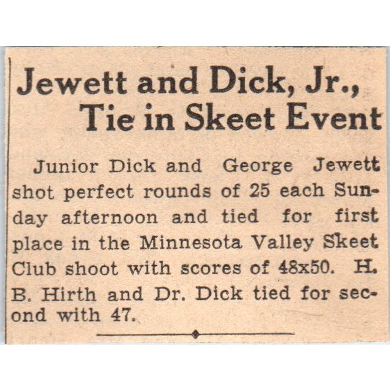 Jewett & Dick Tie in Skeet Event 1935 Minneapolis Journal Article AE7-N6