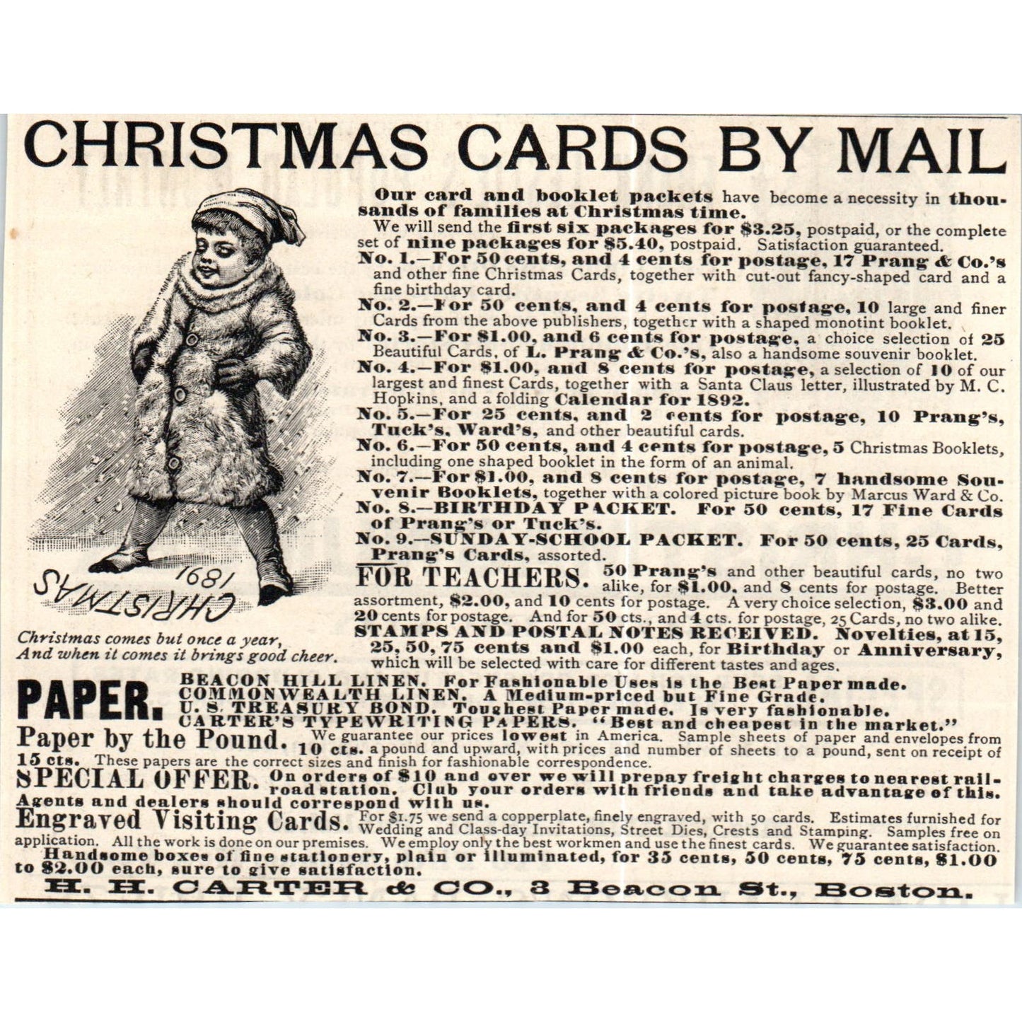 Christmas Cards by Mail H.H. Carter & Co Boston MA c1890 Victorian Ad AE8-CH1