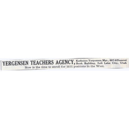 1931 Katheryn Yergensen Teachers Agency Salt Lake City UT Advertisement AE5-SA1