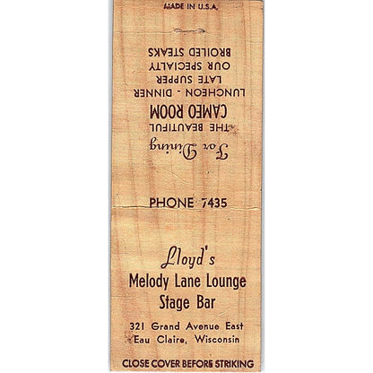 Lloyd's Melody Lane Lounge State Bar Eau Claire Vintage Matchbook Cover SE5-Y2