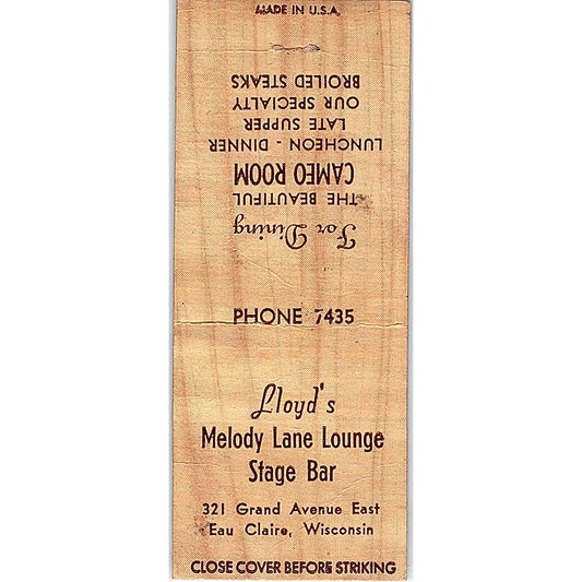 Lloyd's Melody Lane Lounge State Bar Eau Claire Vintage Matchbook Cover SE5-Y2
