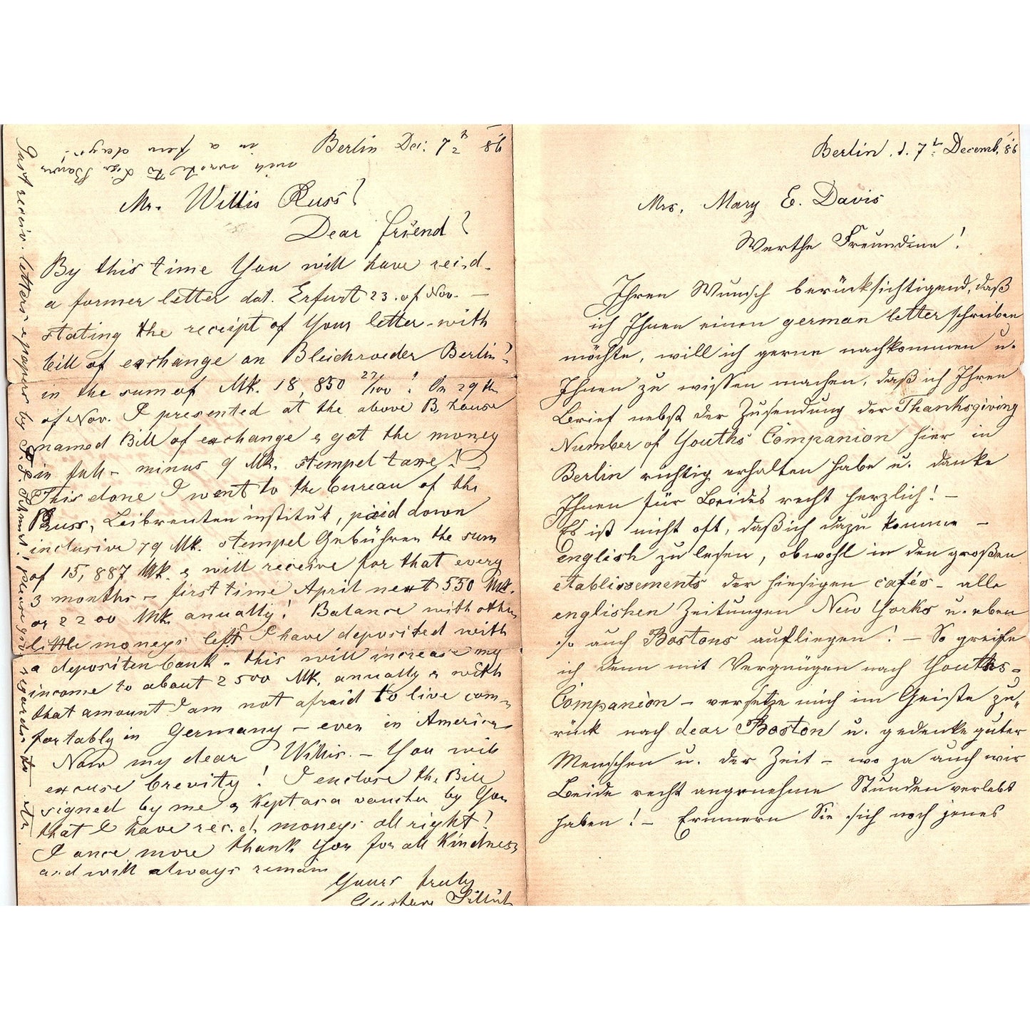 1886 Handwritten Letter from Berlin Germany Mary E. Davis AF4-2