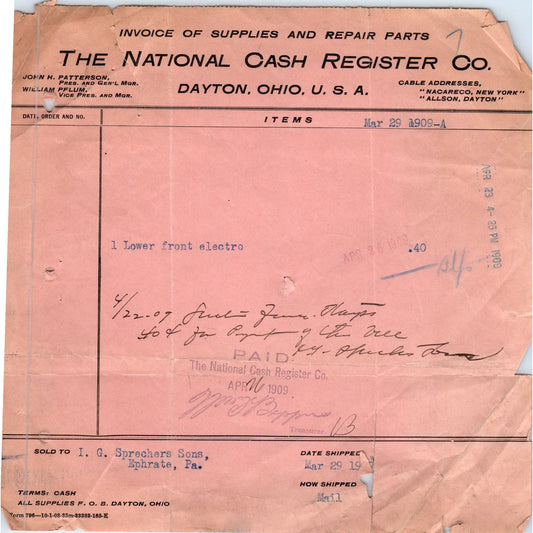 1909 National Cash Register Co Dayton OH Letterhead Billhead Receipt D11