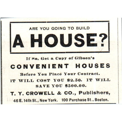 T.Y. Crowell & Co Gibson's Convenient Houses Ad c1890 Victorian Ad AE8-CH9