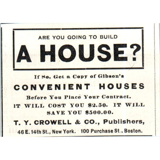 T.Y. Crowell & Co Gibson's Convenient Houses Ad c1890 Victorian Ad AE8-CH9