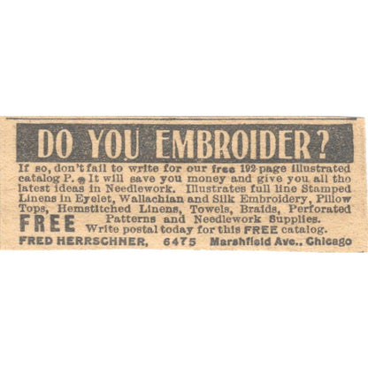 Embroidery Products Fred Herrschner Chicago 1910 Magazine Ad AF1-SS6