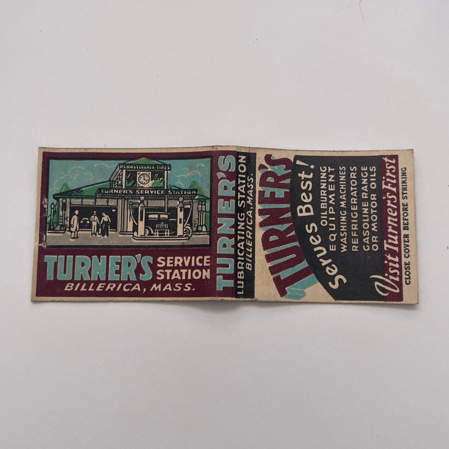 Turner's Service Station Billerica MA Vintage Matchbook Cover TB8-MB-3