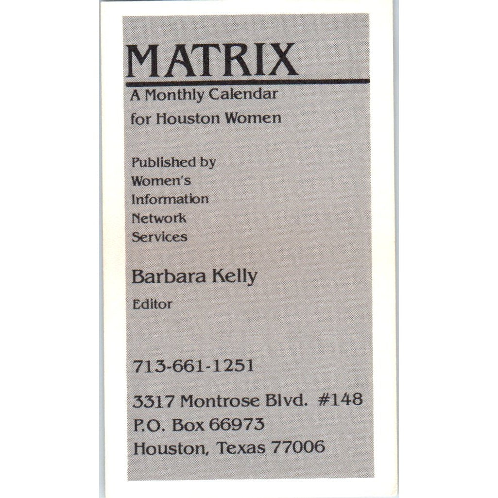 Matrix Monthly Calendar Barbara Kelly Houston Vintage Business Card SD8-B20