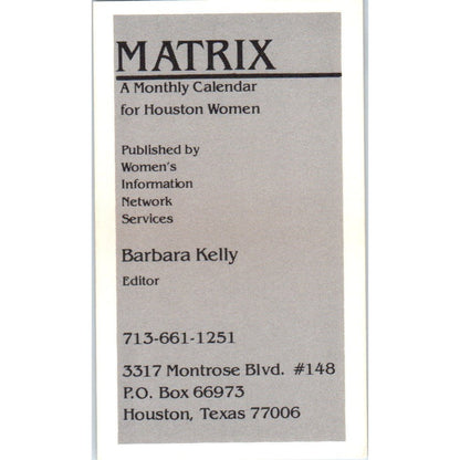 Matrix Monthly Calendar Barbara Kelly Houston Vintage Business Card SD8-B20