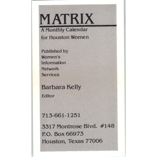 Matrix Monthly Calendar Barbara Kelly Houston Vintage Business Card SD8-B20