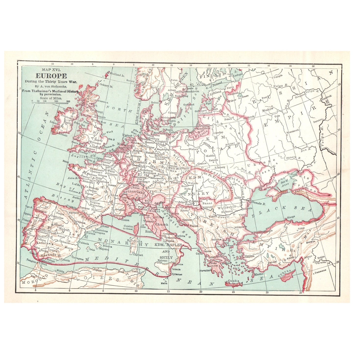 Map of Europe During 30 Years War 1911 Engraving Print AF5-12