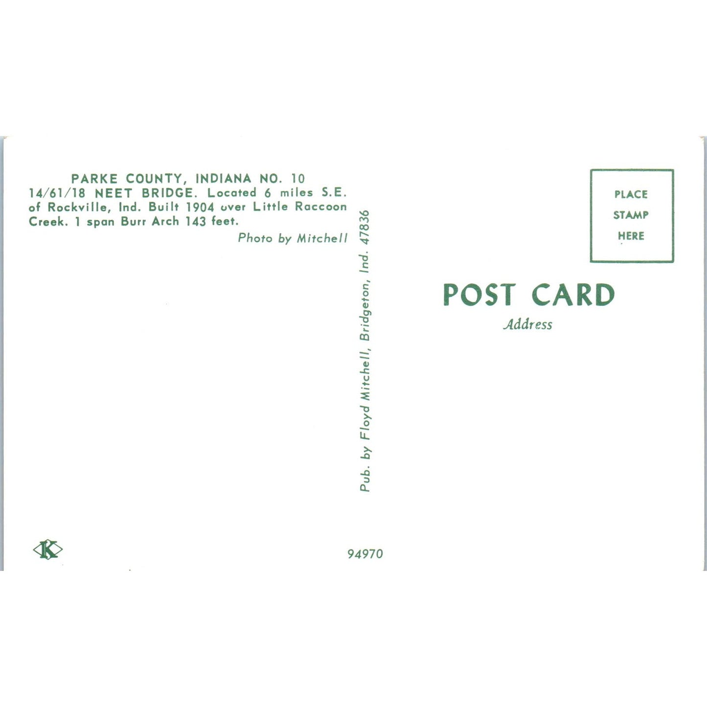 Neet Bridge Parke County Indiana No 10 Vintage Covered Bridge Postcard PD3