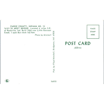 Neet Bridge Parke County Indiana No 10 Vintage Covered Bridge Postcard PD3