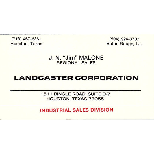 J.N. Jim Malone Landcaster Corp Houston Vintage Business Card SE5-B3