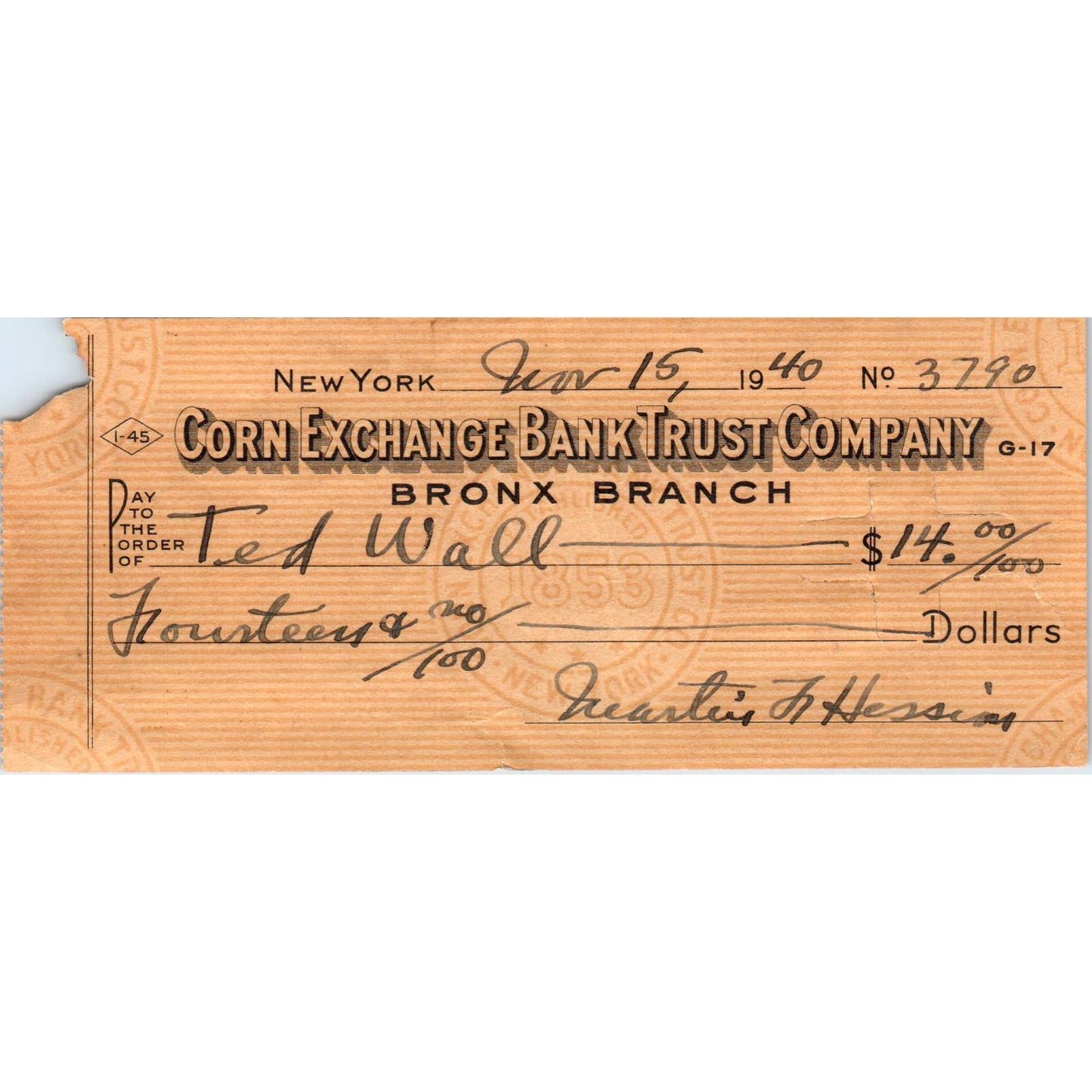 1940 Bank Check Corn Exchange Bank Trust Co Bronx Branch Ted Wall AE7