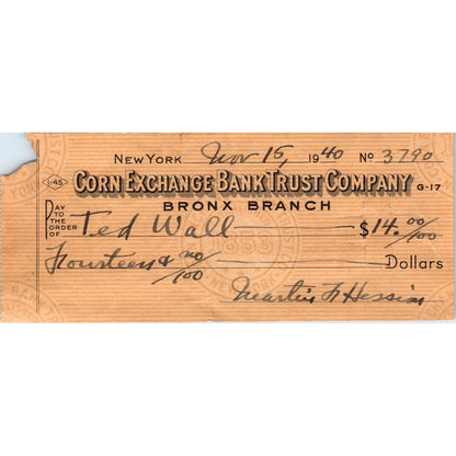 1940 Bank Check Corn Exchange Bank Trust Co Bronx Branch Ted Wall AE7