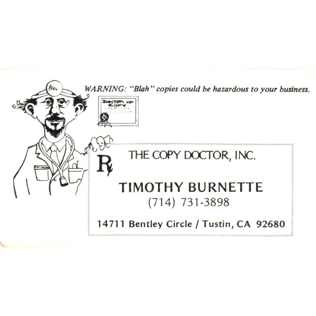 The Copy Doctor Inc Timothy Burnette Tustin CA Vintage Business Card SD4-B3