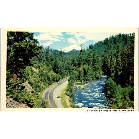 River and Highway in Cascade Mountains Pacific Northwest Vintage Postcard PE3