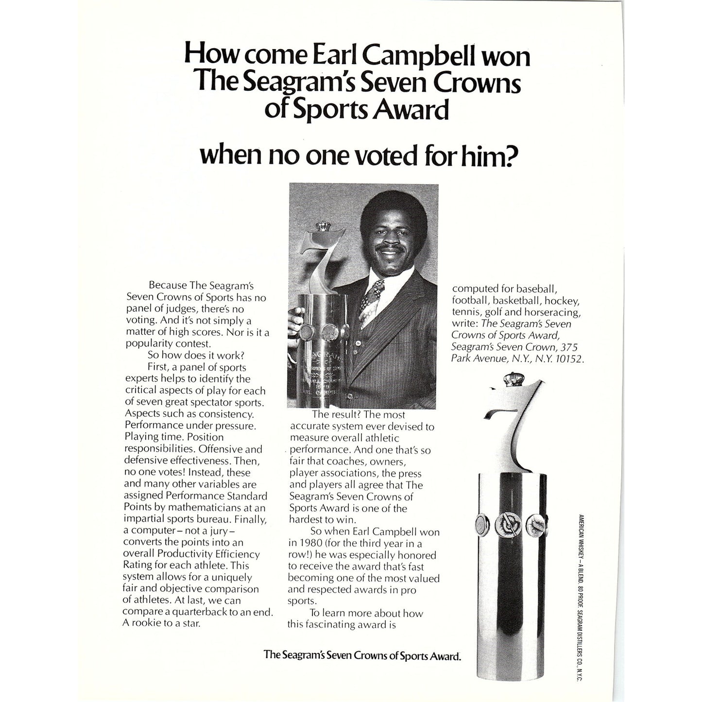 Earl Campbell Seagram's Seven Crowns of Sports Award 8x11" 1981 Ad D26
