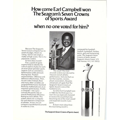 Earl Campbell Seagram's Seven Crowns of Sports Award 8x11" 1981 Ad D26