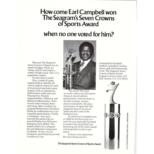 Earl Campbell Seagram's Seven Crowns of Sports Award 8x11" 1981 Ad D26