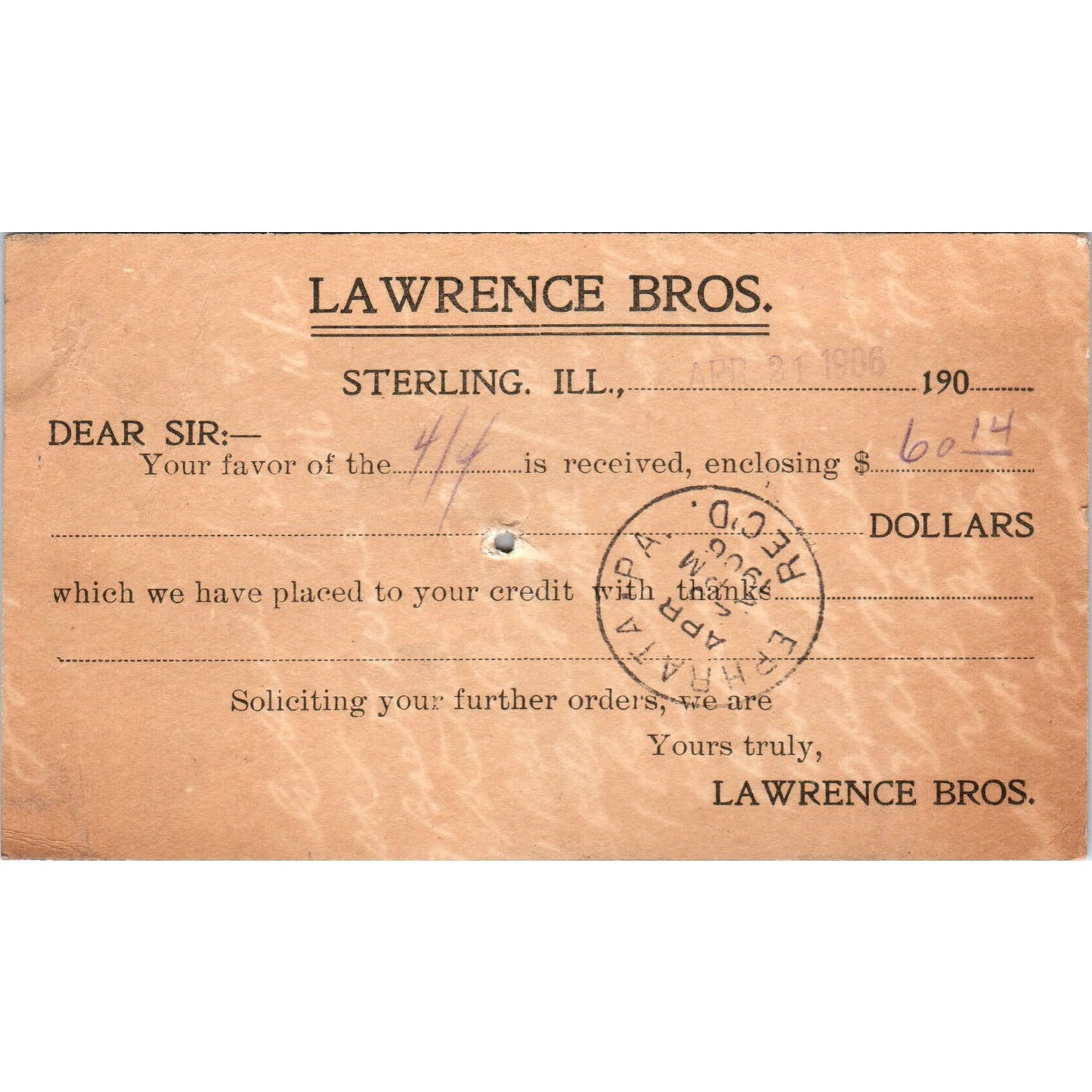 1906 Lawrence Bros. Sterling Illinois Payment Receipt Postal Card AE8