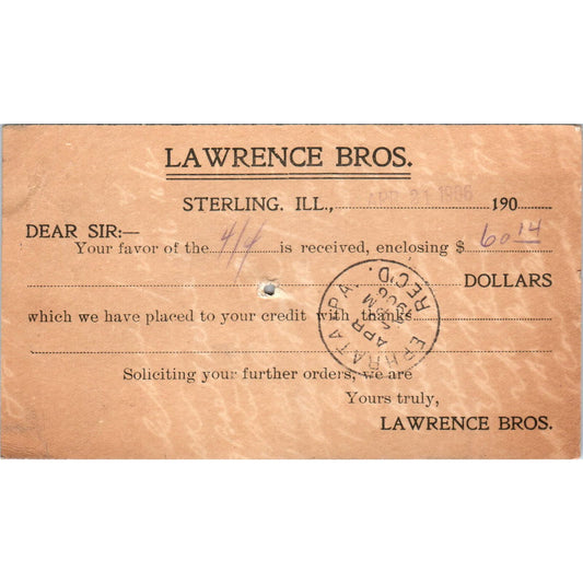 1906 Lawrence Bros. Sterling Illinois Payment Receipt Postal Card AE8