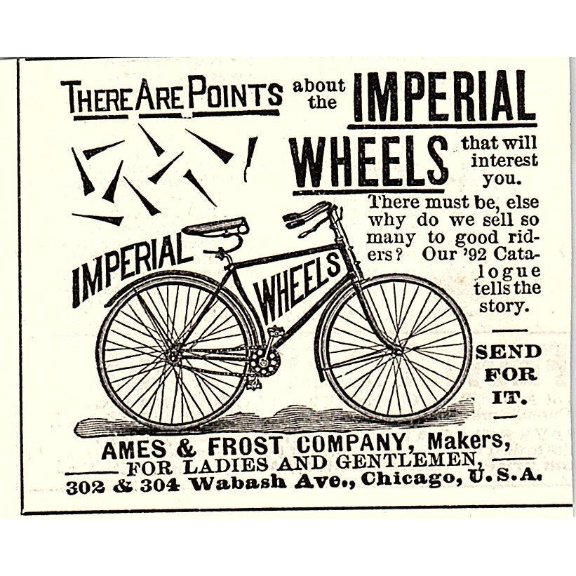 Imperial Wheels Bicycle Ames & Frost Company Chicago 1892 Ad AG2-M19