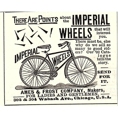 Imperial Wheels Bicycle Ames & Frost Company Chicago 1892 Ad AG2-M19