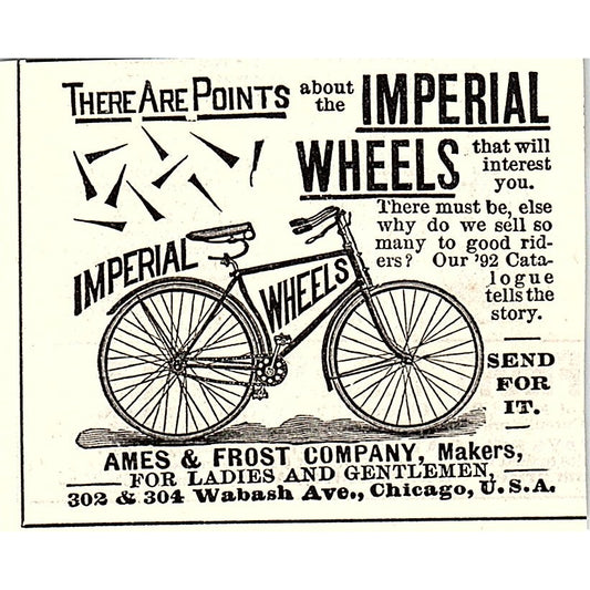 Imperial Wheels Bicycle Ames & Frost Company Chicago 1892 Ad AG2-M19