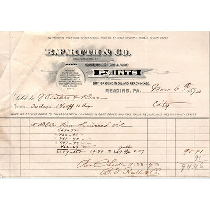 1893 B.F. Ruth & Co Paints Reading PA Original Billhead Letterhead Receipt AE7-4