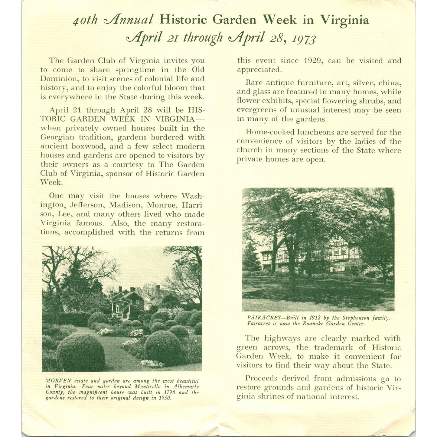 1973 40th Annual Historic Garden Week in Virginia Travel Brochure TF4-B1