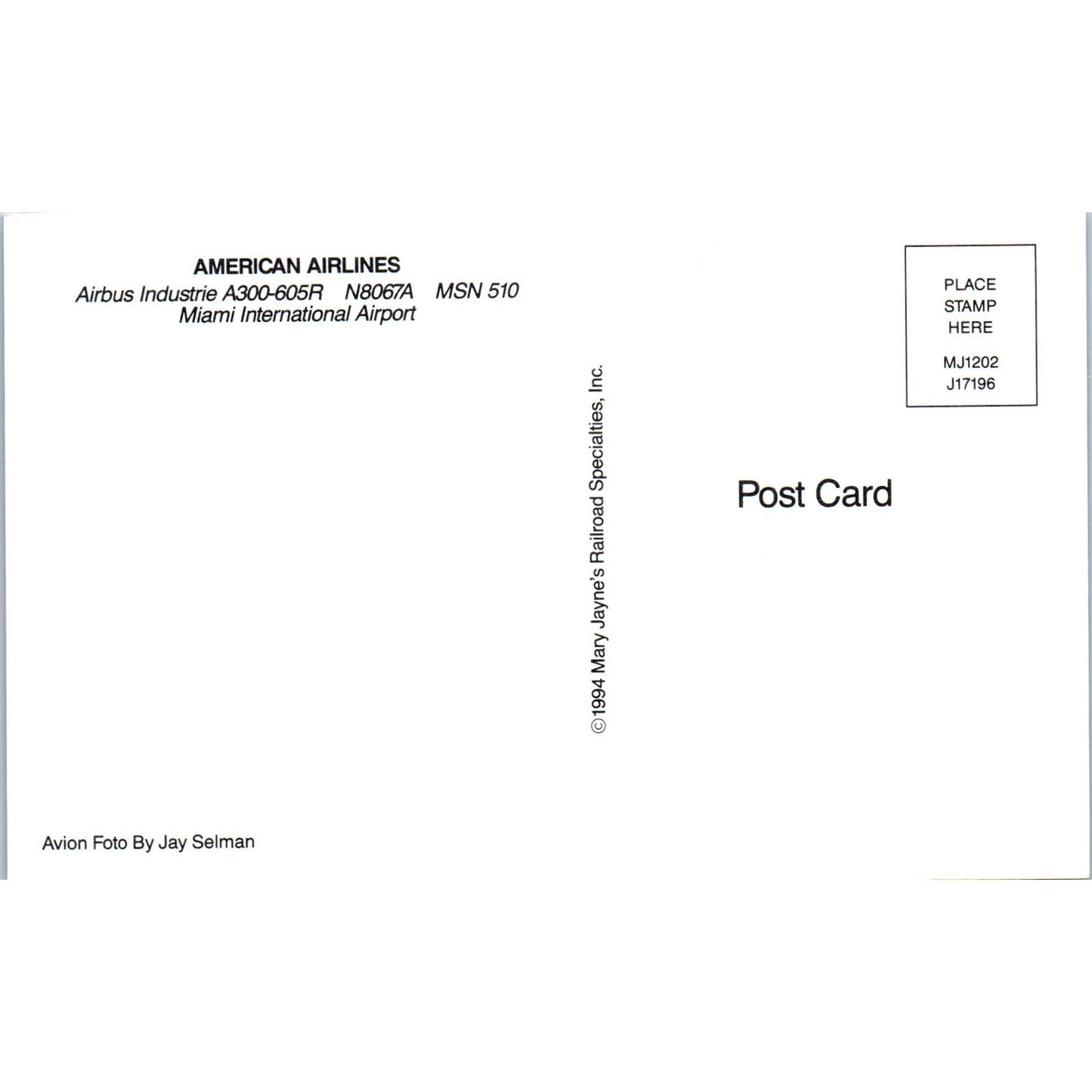 American Airlines Airbus Industrie A300-605R Vintage Postcard TG8-PC