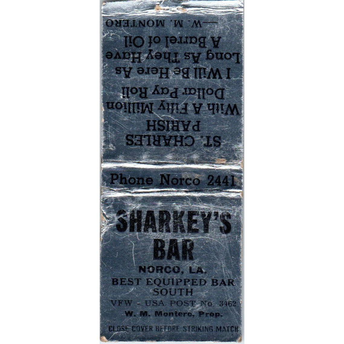 Sharkey's Bar Norco LA W.M. Montero Vintage Matchbook Cover SF4-Y2