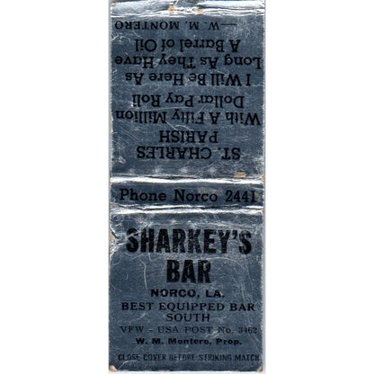 Sharkey's Bar Norco LA W.M. Montero Vintage Matchbook Cover SF4-Y2