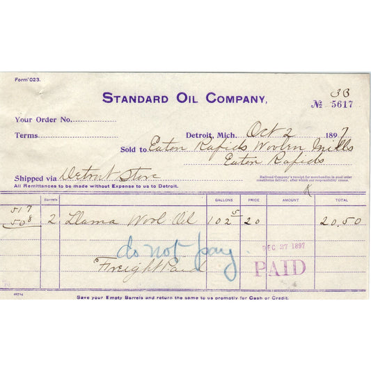 1897 Standard Oil Company Detroit MI Billhead Letterhead D17