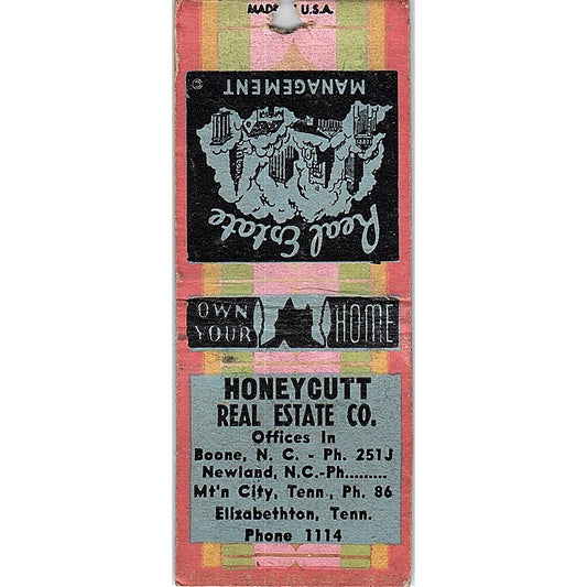 Honeycutt Real Estate Co Elizabethton TN Vintage Matchbook Cover SC7-Y10