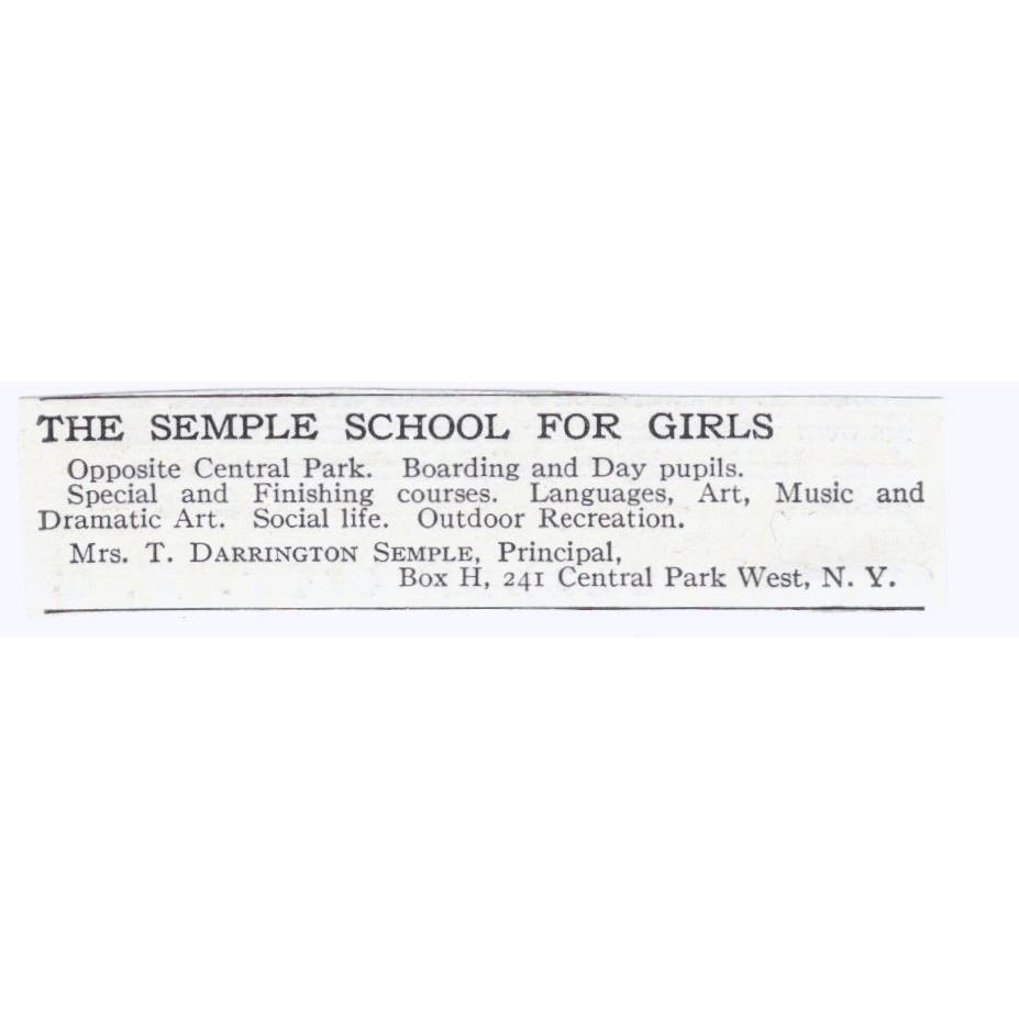 Mrs. T. Darrington Semple School for Girls NY c1918 Advertisement AE5-SA7