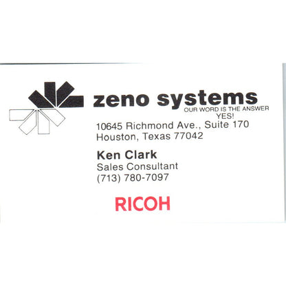 Ken Clark Zeno Systems Houston TX Vintage Business Card SE3-B3