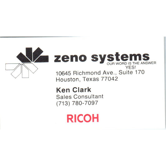 Ken Clark Zeno Systems Houston TX Vintage Business Card SE3-B3