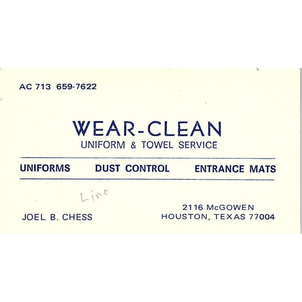 Joel B Chess Wear-Clean Uniform Service Houston Vintage Business Card SC9-B13