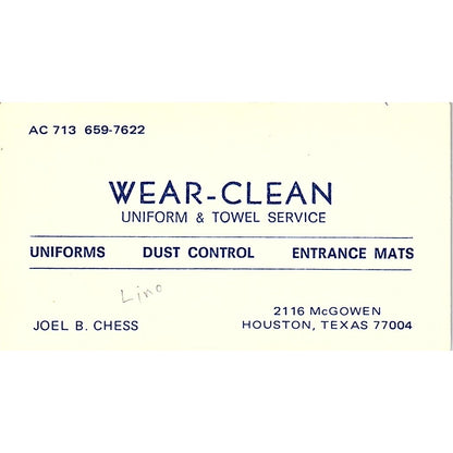 Joel B Chess Wear-Clean Uniform Service Houston Vintage Business Card SC9-B13