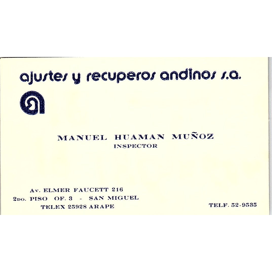 Manuel Huaman Muñoz Ajustes u Recuperos Andinos San Miguel Business Card SC9-B6
